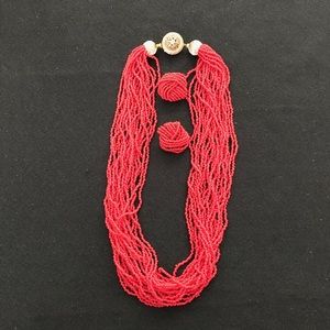 Vintage Red bead necklace and clip earrings